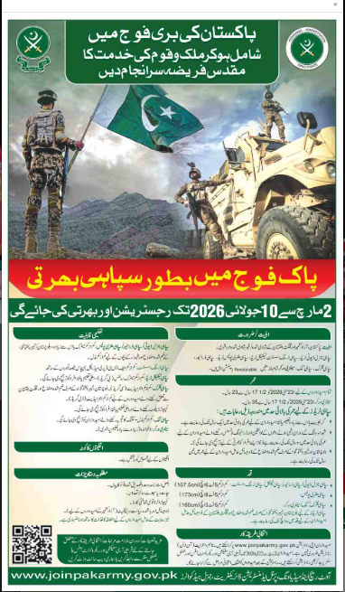 Join Pakistan Army as Soldier Jobs 2026 Apply Online | Latest Pak Army Sipahi Recruitment