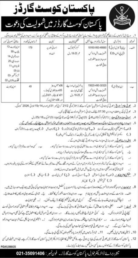 Pakistan Coast Guards Jobs 2026 Sipahi General Duty and Sipahi Clerk Recruitment Advertisement