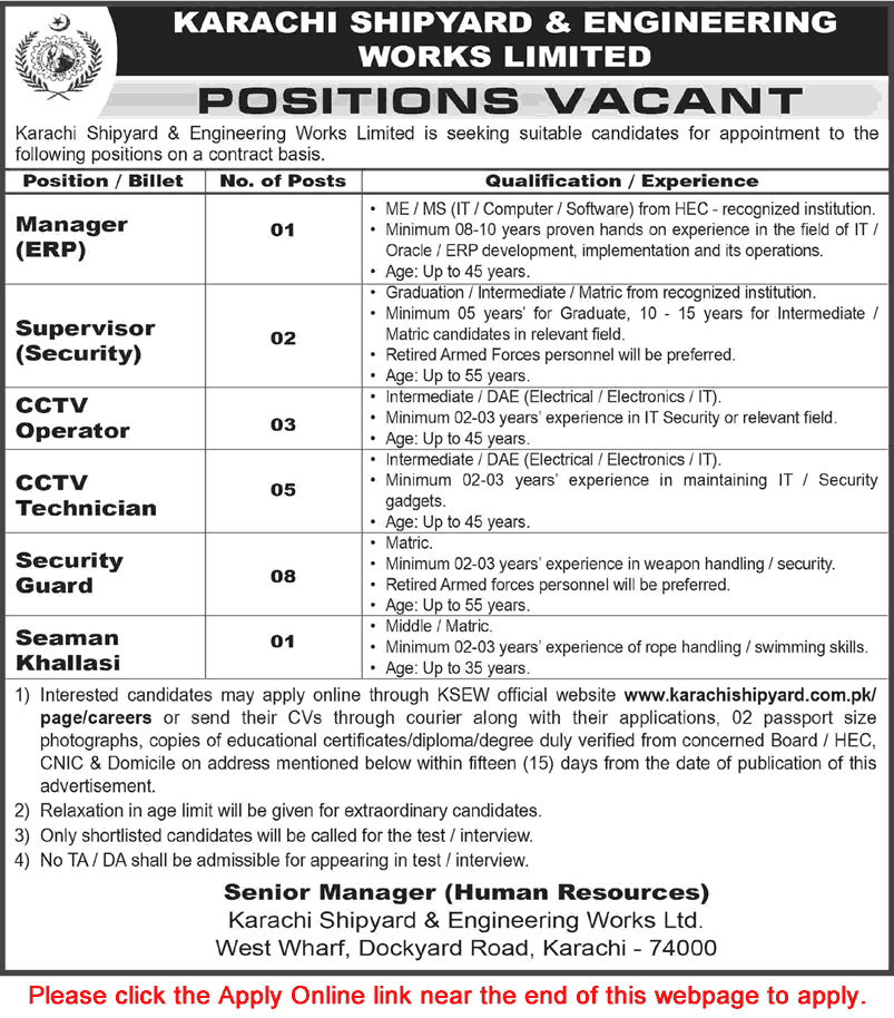 Karachi Shipyard Jobs 2026 official advertisement for Manager, Security Supervisor, CCTV Operator, Security Guard, and Seaman Khallasi vacancies