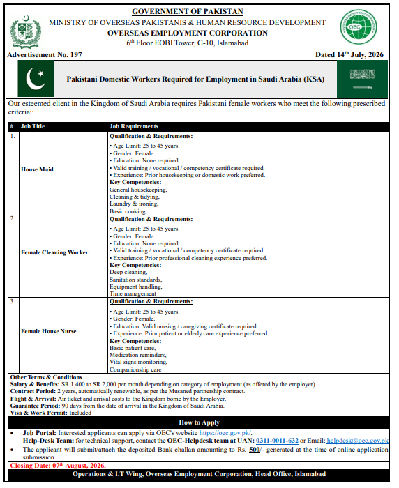 Official OEC advertisement for Pakistani Domestic Workers Jobs in Saudi Arabia 2026