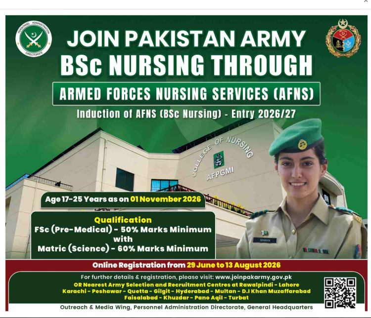 Pakistan Army AFNS BSc Nursing Entry 2026/27 official advertisement for female candidates